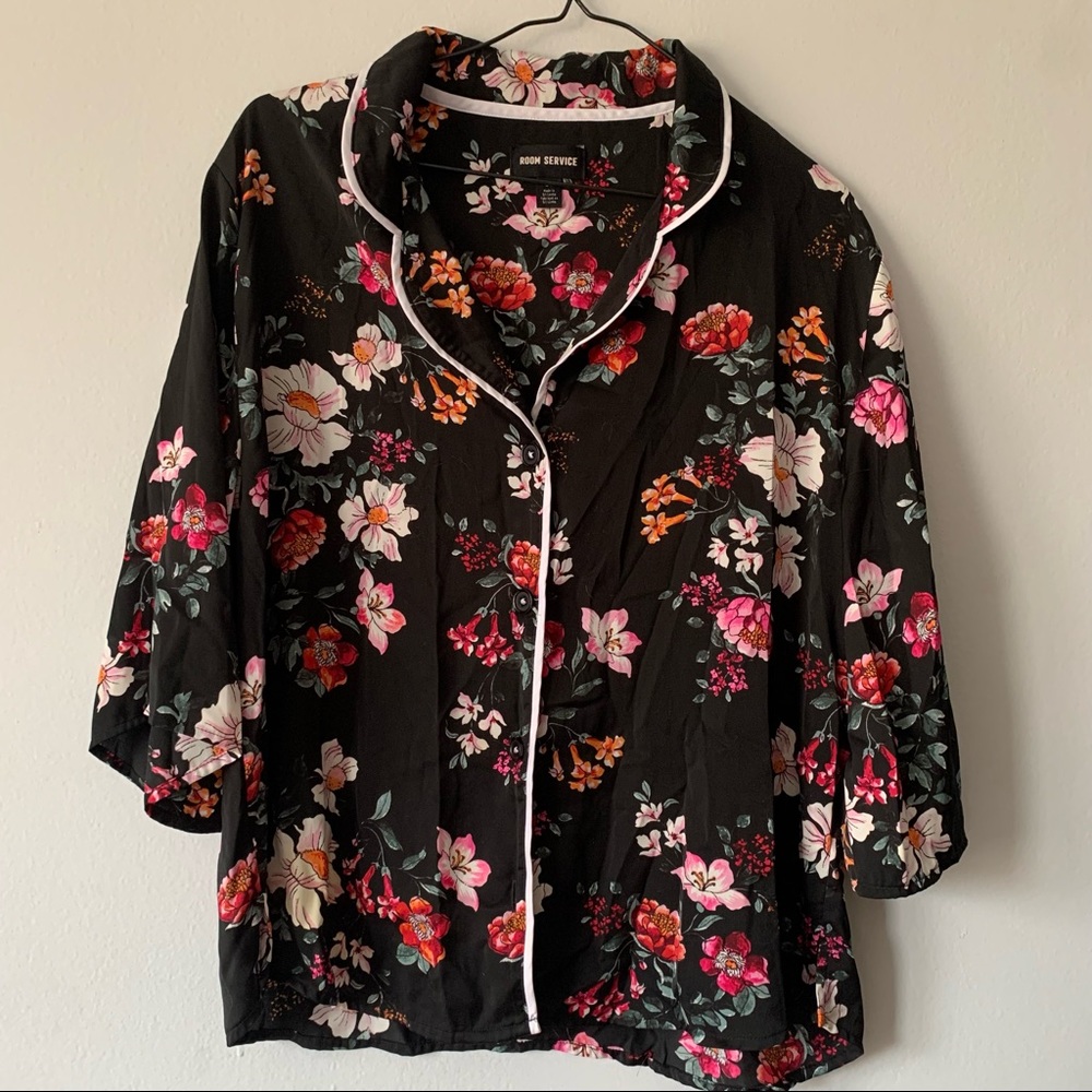 Bright Floral Silky Button Up Top
